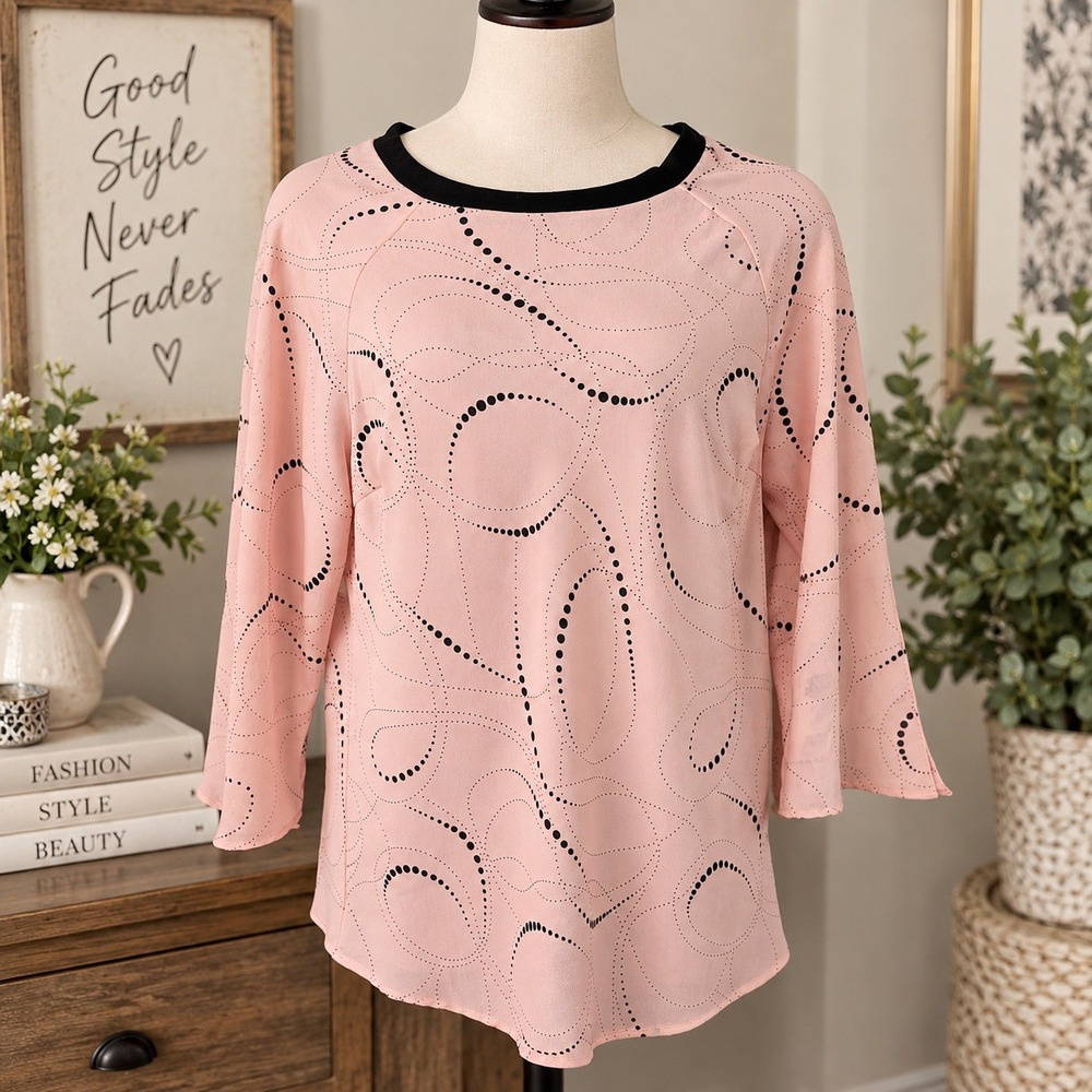 Pink Black Swirl Dot Print 3/4 Split Bell Sleeve Blouse 18/20 Y2K Retro 90s USA